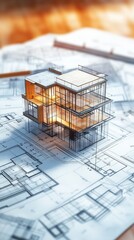 A modern architectural model rests atop blueprints, showcasing sleek design and detailed plans
