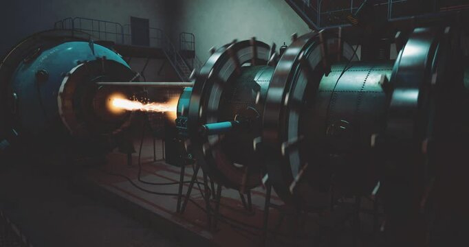 A rocket engine is being tested in a high tech facility, with flames and exhaust visible as it generates thrust. Engineers monitor the performance closely during the testing process.