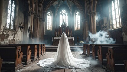 Ethereal Bride haunts abandoned church aisle