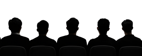Back view of five silhouetted people sitting on chairs in a dark environment watching something now. Transparent background.