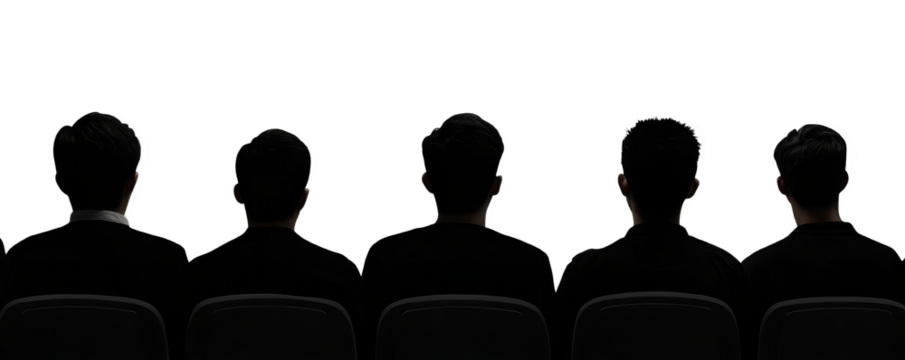 Back view of five silhouetted people sitting on chairs in a dark environment watching something now. Transparent background.