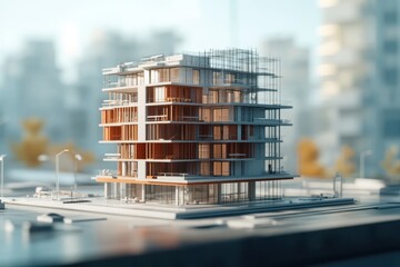 Architectural model showcases a modern building under construction against a blurred cityscape backdrop