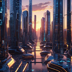 Futuristic city skyline at sunset, cyberpunk cityscape with skyscrapers and advanced technology designscape