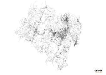 Ulsan's Intersections: Black & White Vector Map of Highways, Buildings & Waterways
