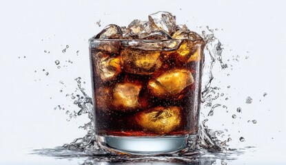 A glass of cola with ice, captured mid-splash, shows effervescence and liquid dynamism against a white backdrop