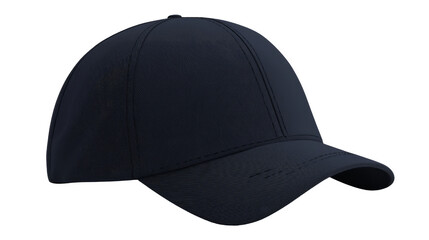 Fototapeta premium This detailed studio close-up image clearly shows the fabric texture of a plain dark blue baseball cap accessory. Transparent background.