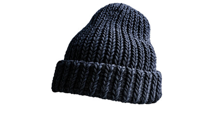 An abstract and artistic studio shot showcases the intricate textured knit pattern of a dark grey beanie hat. Transparent background.
