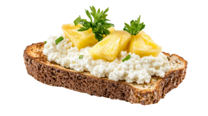 Isolated macro photo of a delicious healthy snack with cottage cheese and pineapple on dark toasted bread. Transparent background.