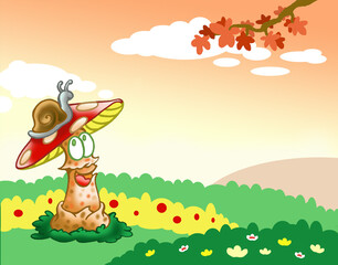 Simpática seta sonriendo con un caracol encima en el bosque otoñal.