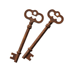 An extreme close up studio shot shows two detailed ancient vintage metal skeleton keys covered in brown rust. Transparent background.