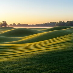 Obraz premium Rolling Green Hills at Dawn Serene Landscape with Fog, meadows , greenfields