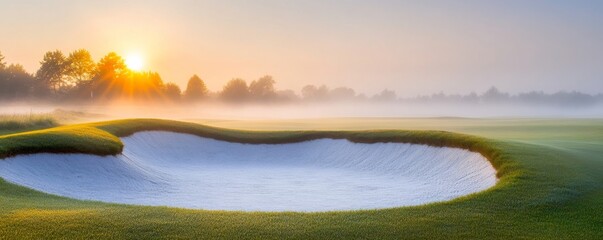 Obraz premium Sunrise Golf Sand Trap and Fog, Serene Landscape, greens ,sandtrap