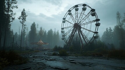 Abandoned amusement park with Ferris wheel and carousel in a spooky forest landscape for Halloween. Horrifying dystopian atmosphere.