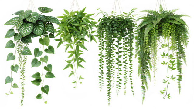 Four beautiful hanging houseplants featuring different varieties of lush green foliage PNG