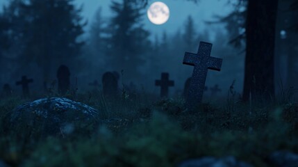 Spooky graveyard scene with moon and fog. Halloween night scary tombstone background. Misty cemetery with mysterious cross illustration.