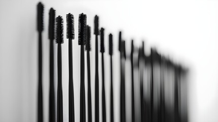 A dense forest of mascara wands standing tall against a stark monochromatic backdrop
