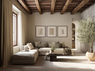 A living room with a couch, coffee table, and potted plant. The couch is white and the coffee table is brown