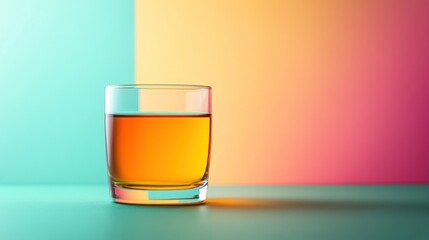 Vibrant glass of amber liquid on a color blocked gradient background composition