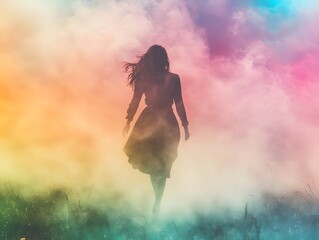 Silhouette in a Dream: A lone figure strides through a vibrant cloud of color, evoking feelings of freedom and introspection, an exploration of the inner landscape of dreams.