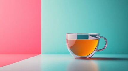 Contemporary tea presentation: a glass cup on a vibrant color-blocked background