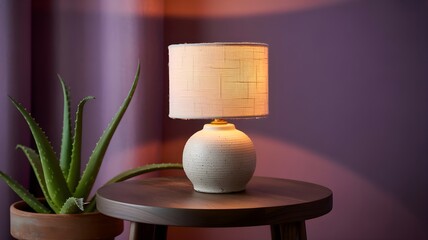 Modern Table Lamp and Succulent Decor on Minimalist Purple Background

