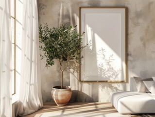 Fototapeta premium A white framed picture hangs on a wall. A potted plant sits in front of the picture