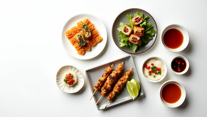 Artistic Izakaya Food Assortment: Skewers, Small Plates & Dipping Sauces for Culinary Blogs & Menu Photography - Minimal Shadows & Empty Space