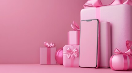 Minimalist pink holiday mockup featuring a smartphone and presents arrangement