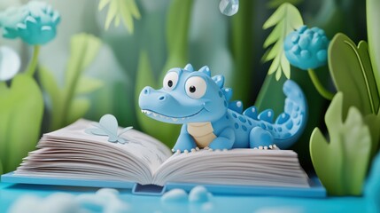 Whimsical blue crocodile reading a book in a vibrant fantastical landscape