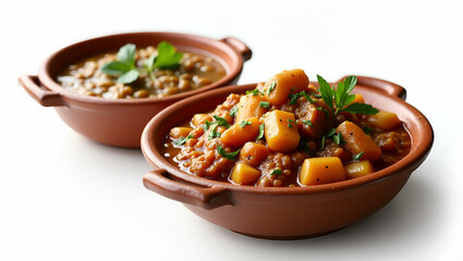 Rustic Brazilian Food Presentation: Traditional Earthenware Bowls with Hearty Stew, Artisanal Accompaniments, Culinary Tourism, Restaurant Menus, Food Photography - Empty Space Left