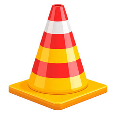 Traffic Cone Icon with Red and Yellow Stripes on Square Base 3d icon in cartoon plastic style minimal isolated on transparent white background