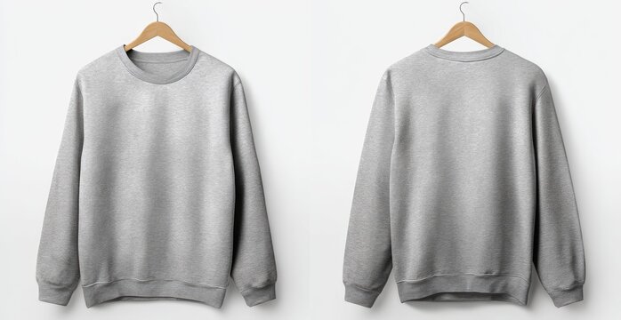A heather gray crewneck sweatshirt displayed on a wooden hanger, shown from front and back views against a white background