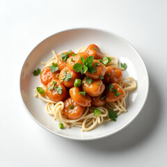 Innovative Korean Recipe Plated on White Background - High Resolution Culinary Visuals with Creative Garnishes, Soft Shadows, and Optimized Space for Marketing