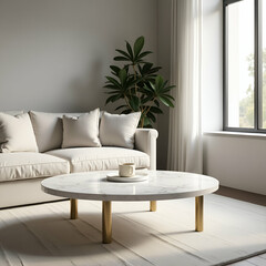 High Resolution Image of Elegant Marble Coffee Table with Polished White Surface and Brass Legs in Minimalist Living Room with Natural Light - Photo Stock Concept