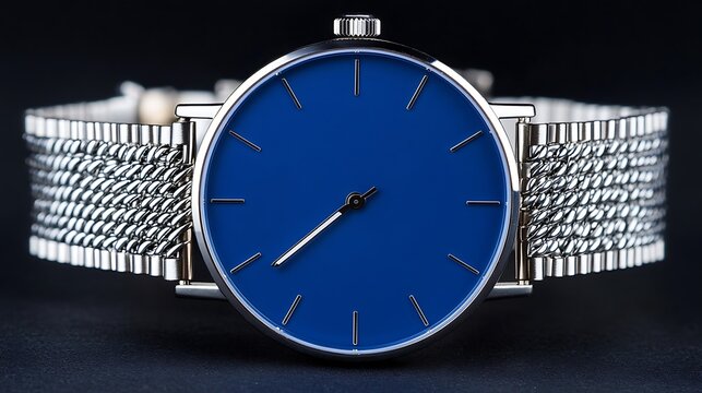 Elegant Blue Wristwatch with Stainless Steel Mesh Band on Dark Backdrop