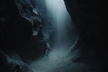 Dark cave entrance with light shining through opening. Mysterious unknown land with misty fog. Scary Halloween abstract background.