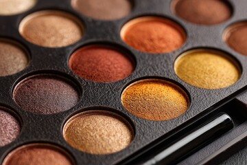 Close-up of a diverse eyeshadow palette featuring warm, earthy tones ranging from deep browns to shimmering golds, arranged in a circular pattern within a black compact