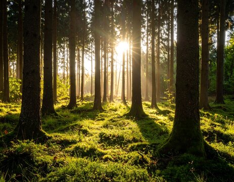 Sunlight streams through a dense forest - Powered by Adobe