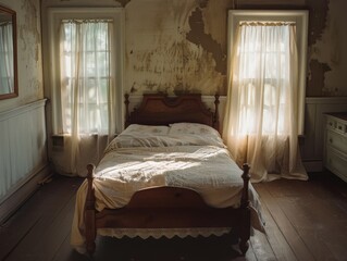 A bed with white sheets and a wooden headboard. The bed is in a room with a window and a mirror