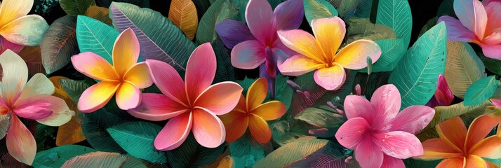 Vibrant plumeria blossoms nestled amongst lush, teal-toned foliage, showcasing a spectrum of pink, orange, and yellow hues