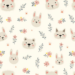 Whimsical Animal Faces and Floral Motifs: Adorable Pastel Pattern for Textile Design Showcase in Photo Stock with Empty Space on Left Side