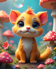 Adorable gatito de dibujos animados en 3D fondo verde con flores y hongos