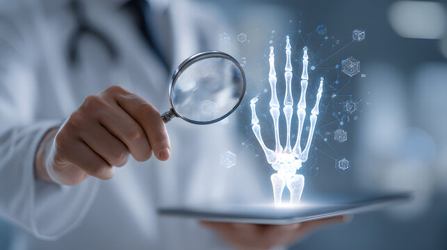 Doctor examining a holographic 3D scan of a human hand skeleton on a tablet with a magnifying glass, symbolizing medical diagnosis and research.