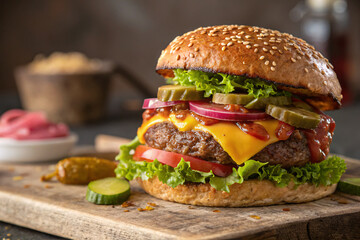 Juicy Cheeseburger on Wooden Board with Pickles and Lettuce: Delicious Fast Food Meal