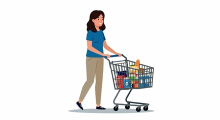 Woman pushing a shopping cart, clean vector illustration isolated on white background.