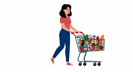 Woman pushing a shopping cart, clean vector illustration isolated on white background.
