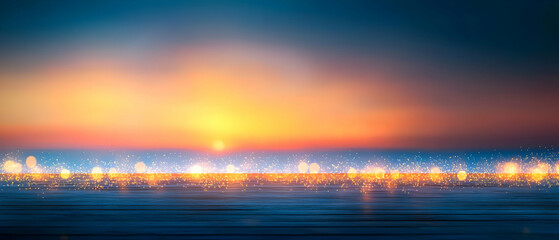 Sunset Horizon With Glowing Lights On Wood