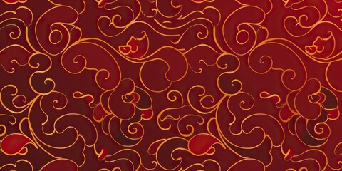 Chinese-Inspired Gold Line and Curve Pattern on Ruby Background with Spiral Texture, Minimalist Flat Vector Illustration in a Lively Light Red and Orange Color Scheme