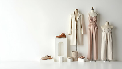 High-End Fashion Composition: Editorial Arrangement of Statement Garments & Accessories on White Canvas for Lookbook Covers & Brand Storytelling Visuals in Photo Stock