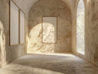 A room with a white wall and a white frame. There are two white frames on the wall